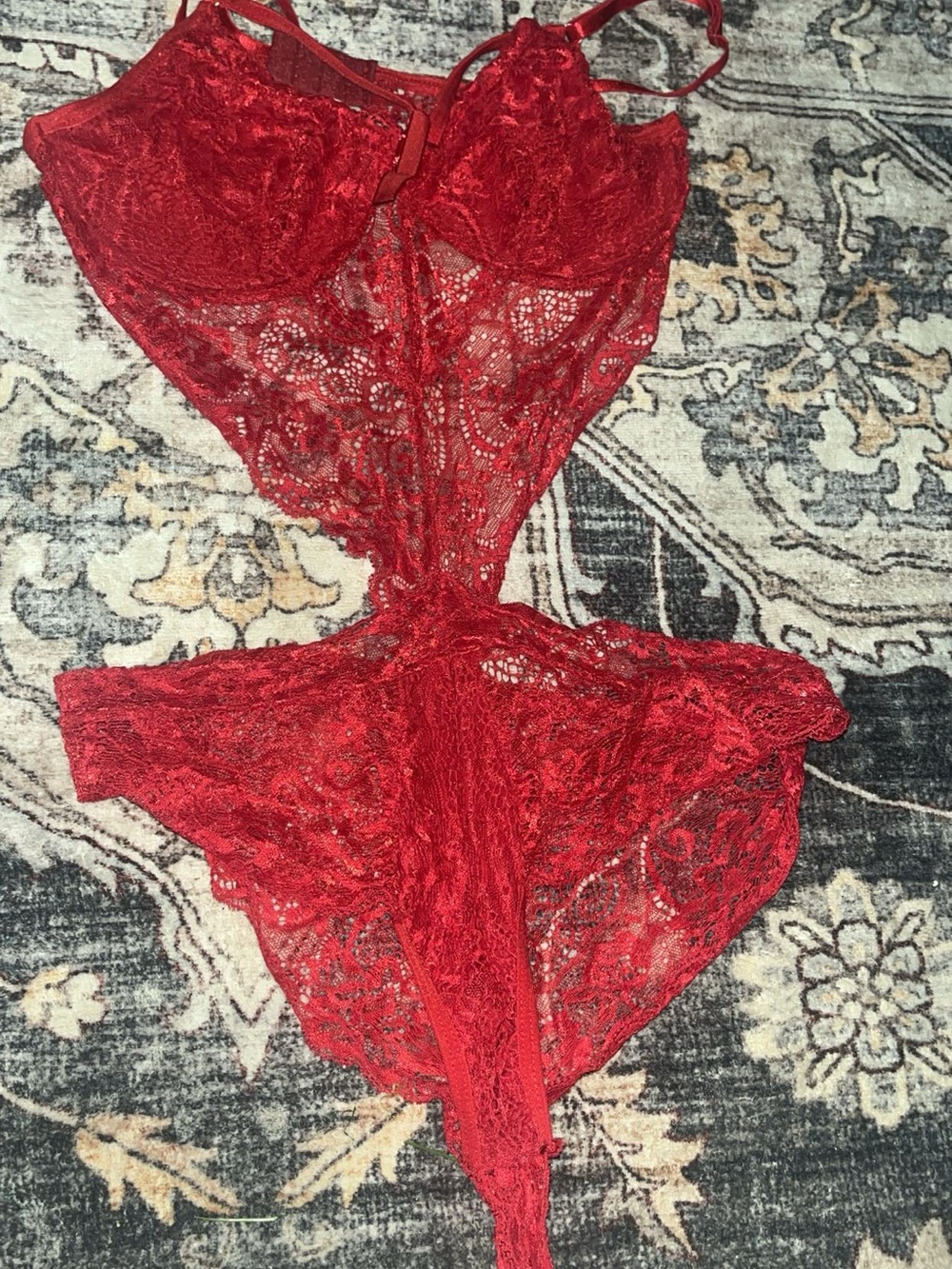 Red Lace One-Piece Teddy Bodysuit - Women's Intimates